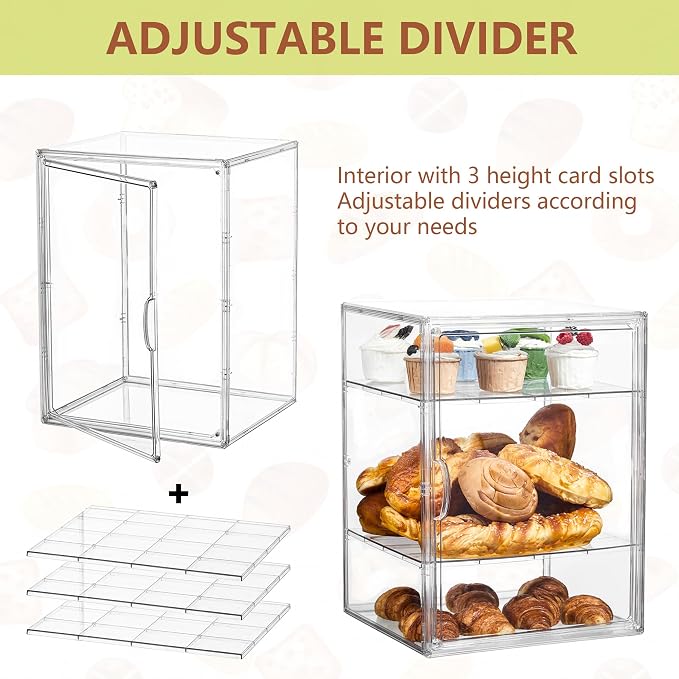 Bread Box for Kitchen Countertop, 4 Layers Pastry Display Case, 1 Pack | Easy Assembly, Adjustable Shelves, Magnetic Door, Clear View, Stable Design, Bakery Display, 15.5 x 11.4 x 9.8 Inch - Image 3