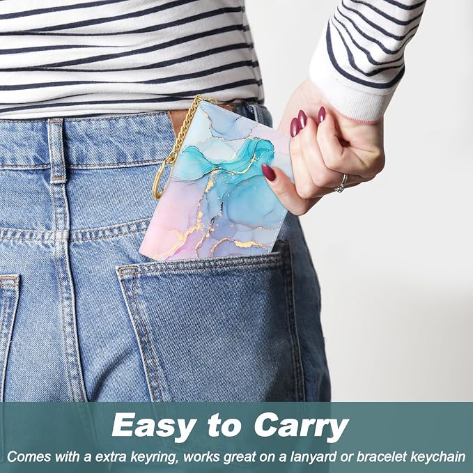 Nipichsha Women's Small RFID Blocking Leather Wallet, Colorful Ink Marble, Slim and Compact Size, 12-Slot Compartment, Protects Privacy | Leather Card Holder Wallet, Credit Card Wallet Organizer, Business Card Case with Zipper & Keychain, 12-Slot Compa... - Image 6