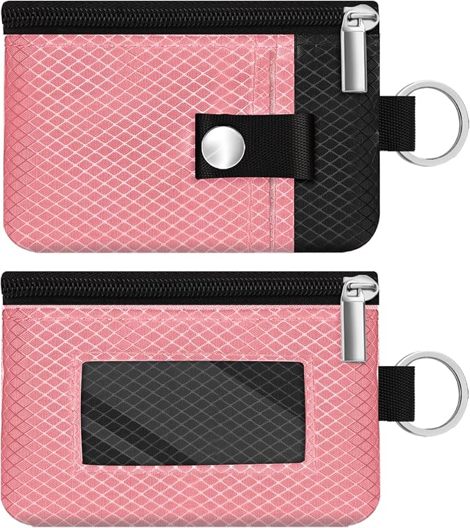 Minimalist RFID Blocking Small Wallet with ID Window,WaterResistant Zip Id Case Wallet with Lanyard Keychain for Cards,Cash,Travel,Women,Men (Pink/Black) by CCUMI