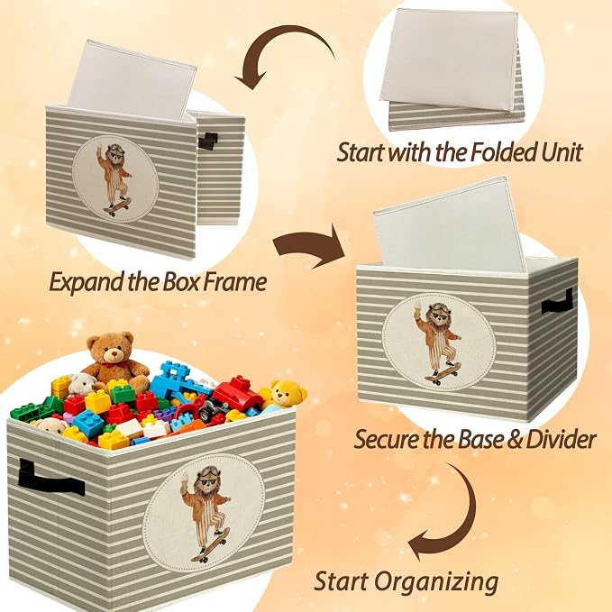 Rustic Lion Skateboarding Storage Bins Boxes with Handles | toys books clothes, grey striped nursery foldable basket for organizing bedroom toddler room playroom - Image 6