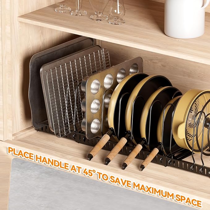 Pot and Pan Organizer Rack for Cabinet & Countertop, 3‑Tier Expandable Holder with 12 Adjustable Compartments, Kitchen Storage for Pan Lid, Cutting Board, Cookware & Bakeware, Black - Image 6