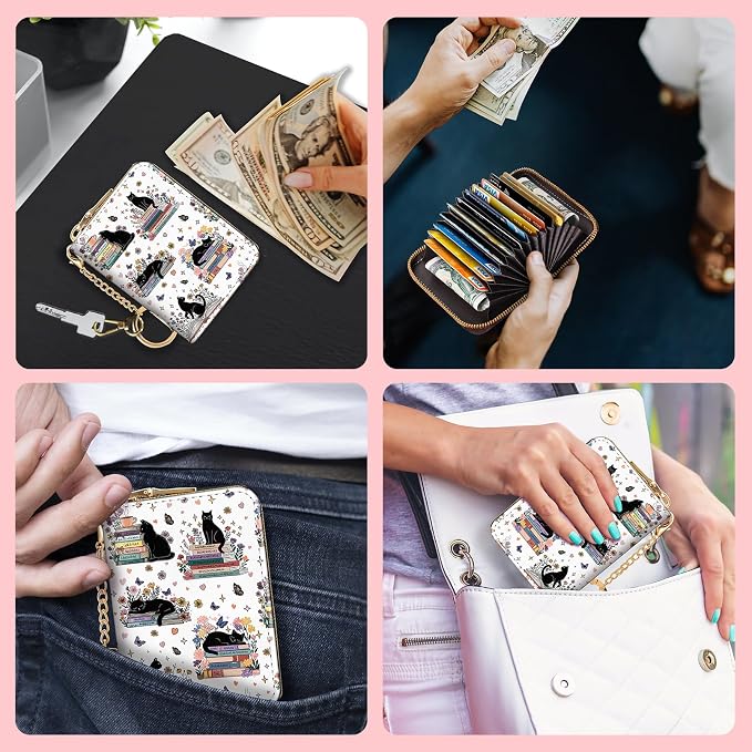 Blusabaca RFID Credit Card Holder Small Women Travel Wallet, Cute Black Cat | Removable Keychain, Case with Zipper, Vegan PU Leather, Cash Coin Pocket, Business Accordion Purse, Ladies Female Gift - Image 3