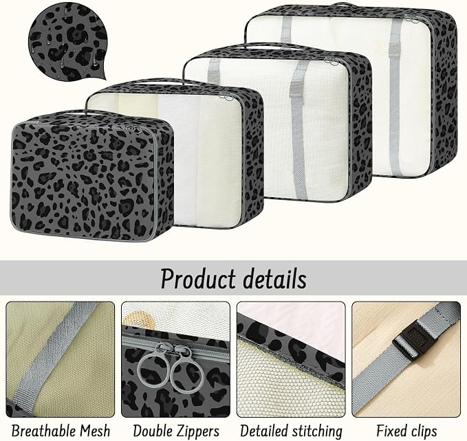 9 Set Packing Cubes for Travel Essentials - Lightweight Carry-On Luggage Organizer Bags with Shoe, Clothes & Laundry Bags for Airplane, Family & Business Travel, Gray leopard print - Image 6