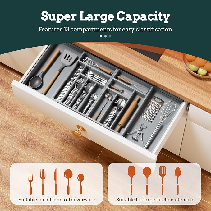 Magnetic Expandable Silverware Drawer Organizer, 13 Slots Utensil Gray | Magnetic Connected, Expandable 21-37.4 Inch, 13 Divided Slots, Gray Cutlery Utensil Organize Kitchen - Image 2
