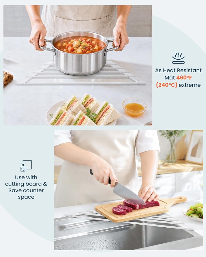 Ohuhu Corner Sink Strainer, Sponge Holder for Kitchen Sink Organizer - Silicone Wrapped Steel Anti Slip Rust Triangle Over the Sink Roll-UP Dish Drying Rack Caddy Kitchen Sink Accessories - Image 7
