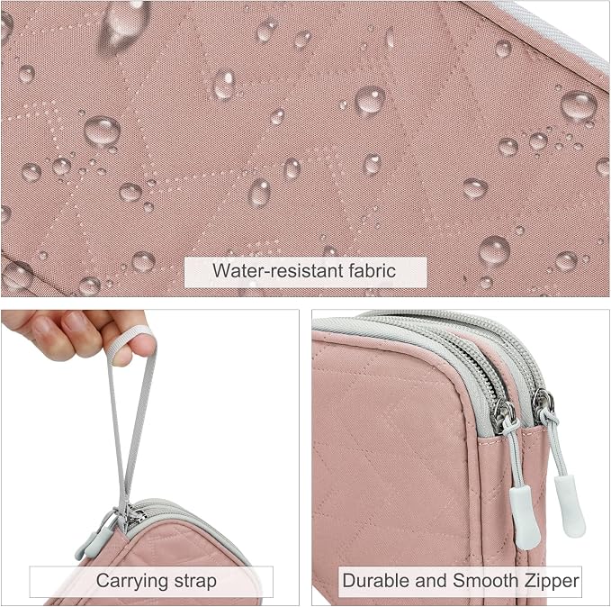 FYY Electronic Organizer, Travel Tech Pouch Bag, Medium, Pink Quilted | Wrist Strap, Waterproof, Double Layers Portable Electronics Travel Carrying Case for Cord, Charger, Daily Business Trips Use - Image 4