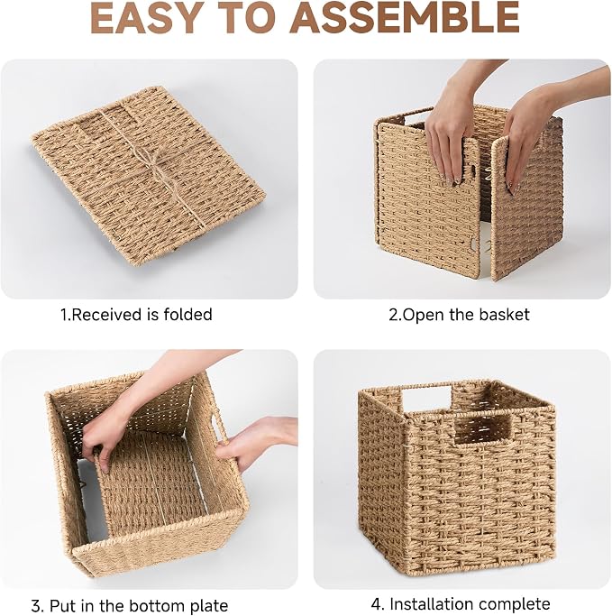 StorageWorks 11 inch Cube Storage Bins, Wicker Baskets,Storage Cube,Natural | 2-Pack, Paper Rope Baskets for Organizing, Handwoven Organizer Baskets, Foldable 11 inch Cube Storage Bins, Square Baskets - Image 8