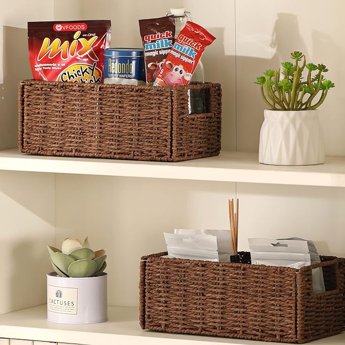 Wicker Storage Basket, Set of 2 Hand-Woven Paper Rope Wicker Basket, Small Storage Baskets for Organizing Toilet Paper Basket, Foldable Large Cube Storage Organizer Bins for Shelves (Brown) - Image 4
