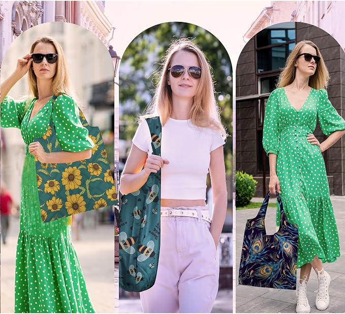 BeeGreen 12 Packs Flower Reusable Grocery Bags Reusable Tote Bags Extra Large 50LBS Cute Floral Design Foldable Reusable Bags for Women Men Lightweight Durable - Image 8