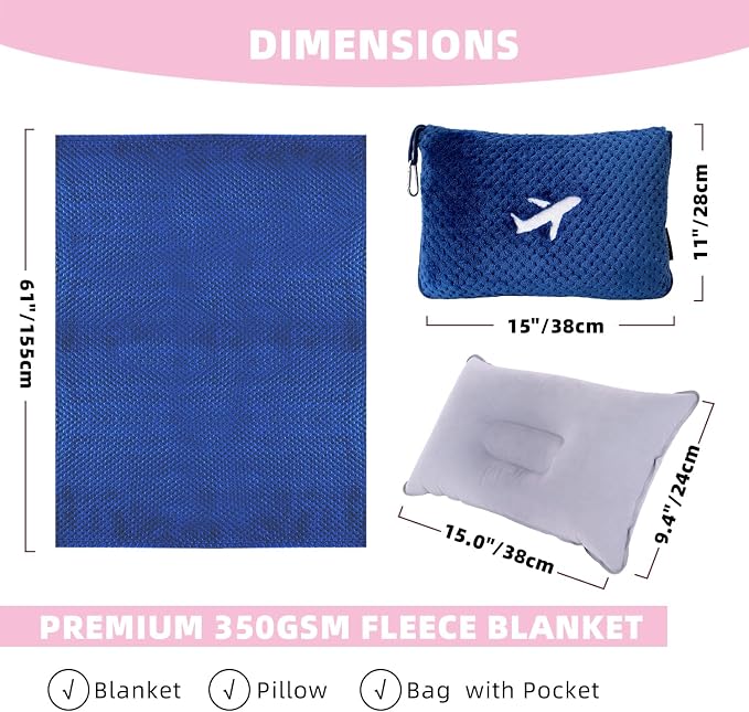 3 in 1 Travel Blanket Pillow Set - 350 GSM Thick Travel Blanket Airplane Compact with Bag, Soft Bag with a Pocket, Inflatable Travel Pillow for Camping & Car Trip (Royal Blue) - Image 5