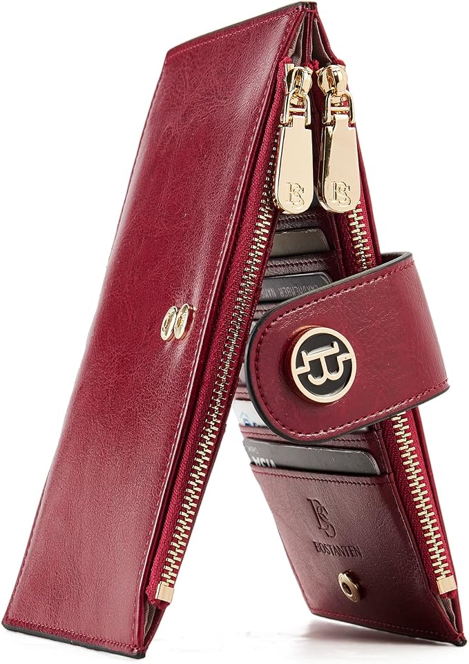BOSTANTEN Leather Womens Wallet Large RFID Blocking Slim Card Holder | 16 Card Slots, 2 Zipper Pockets, Bifold, Long, Fits Most Purses, Organized Everyday Carry, Ladies Gifts, Wine-Red by BOSTANTEN