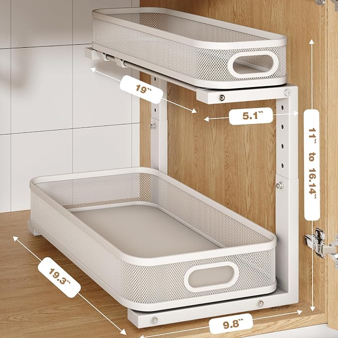 2 Pack 19.3IN-Depth Under Sink Organizer with Smooth Cylindrical Rail,2-Tier Pull Out Multi-Purpose Cabinet Storage for Bathroom&Kitchen,Height Adjustable,Rust-Resistant Coating-White - Image 2