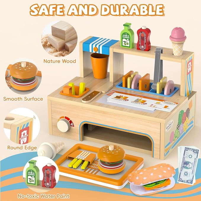 WOODMAM Foldable Wooden Kids Play Food Toys Sandwich Counter with Storage | 56 Pcs Pretend Play Kitchen Food Toy, Burger, Ice Cream, Fries, Play Money, Boys Girls Birthday Gifts for Toddlers Ages 3+ - Image 7