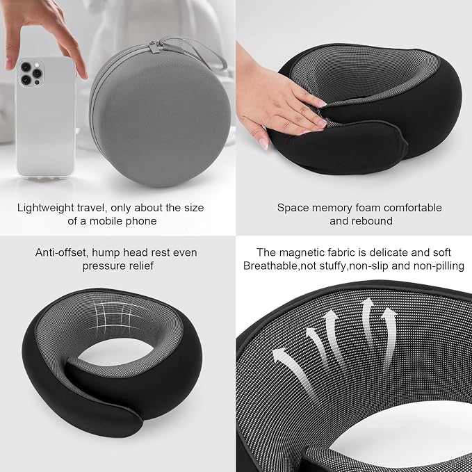 Travel Neck Pillow for Airplane - 100% Memory Foam 360° Ergonomic Support - Adjustable Velcro, Washable Velvet Cover & Compact Storage Case - Flight Essentials for Sleeping (Black) - Image 5