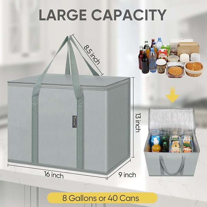 BALEINE 4Pk Insulated Reusable Grocery Bags, Collapsible Cooler Bag for Groceries, Heavy Duty Large Insulated Bag (16''x9''x13'', Urban Gray) - Image 5