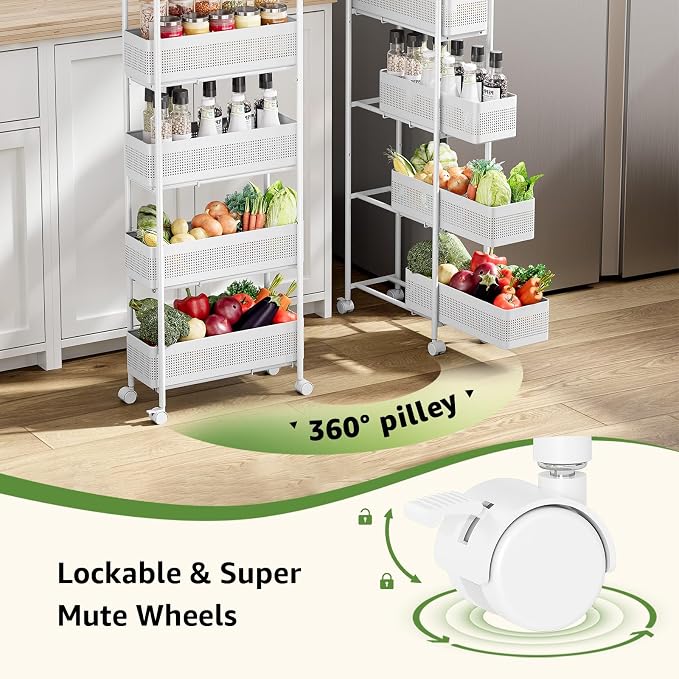 KINGRACK 5 Tier Slim Rolling Cart with Drawer, Metal Utility Storage Cart | 4 Pull-out Baskets, Lockable Wheels, Narrow Space Trolley Organizer for Bathroom, Kitchen, Office, Dorm, Laundry Room, White - Image 5