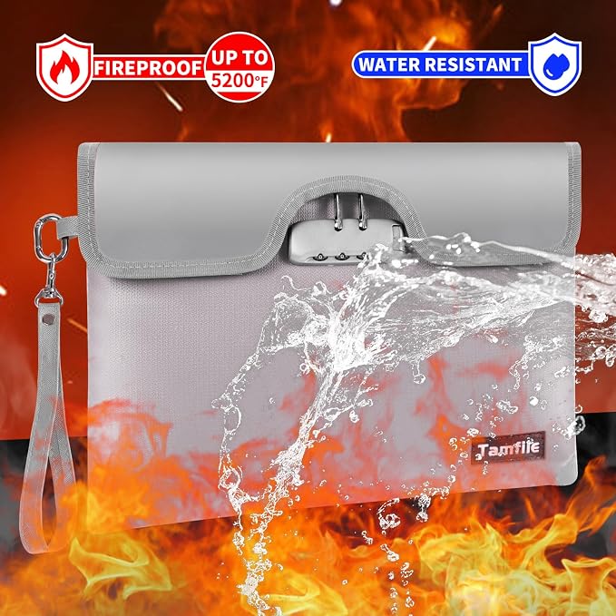 5200F Fireproof Money Bag with Lock, Waterproof Document Bag with Zipper, 8 Layers Fire Insulation, Safe Storage Pouch for Cash, Passport, Certificate (10" x 13", Silver) - Image 2