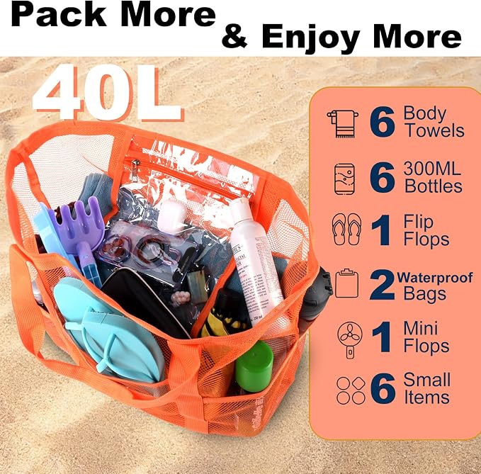 CaCTOUR Mesh Beach Bag,Large Beach Bags for Women with 8 Pockets,Packable Tote Bag for Beach Cruise Pool Vacation Essentials - Image 4