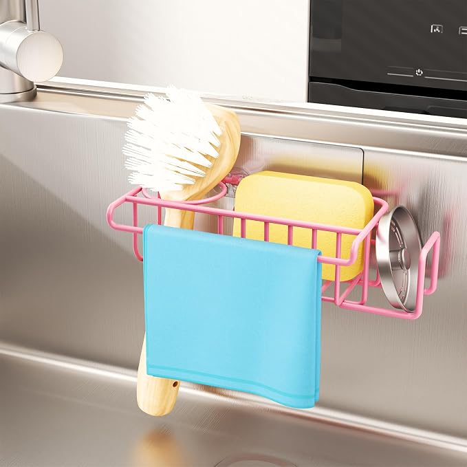 HapiRm Sink Caddy Sponge Holder - No Drill Sponge Holder for Kitchen Sink, Rustproof and Waterproof Kitchen Organizer - Pink - Image 5