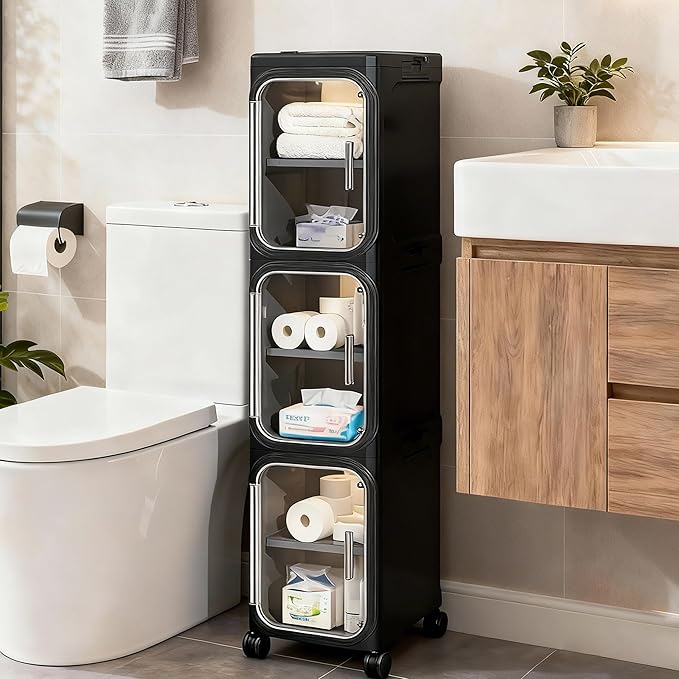 3-Tier Narrow Slim Bathroom Storage Cabinet with Wheels, Black | Tool Free Assembly, Adjustable Shelves, Fits for Narrow Spaces, Reinforced Stability, Magnetic Clear Door by Lifelongpal