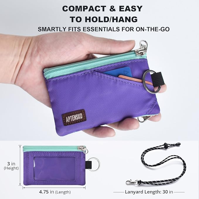RFID Blocking Travel Wallet with Adjustable Lanyard, Small Nylon Zipper Pouch and Badge Holder for ID, Credit Cards, Cash, Keys, Commuters (Violet) - Image 4