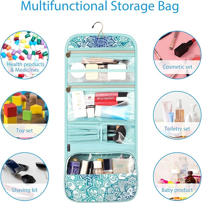 FINTIE Portable Toiletry Cosmetic Travel Bag Hanging Makeup Organizer | Large Water Resistant Storage Pouch Case, For Women Girls, Emerald Illusions - Image 5