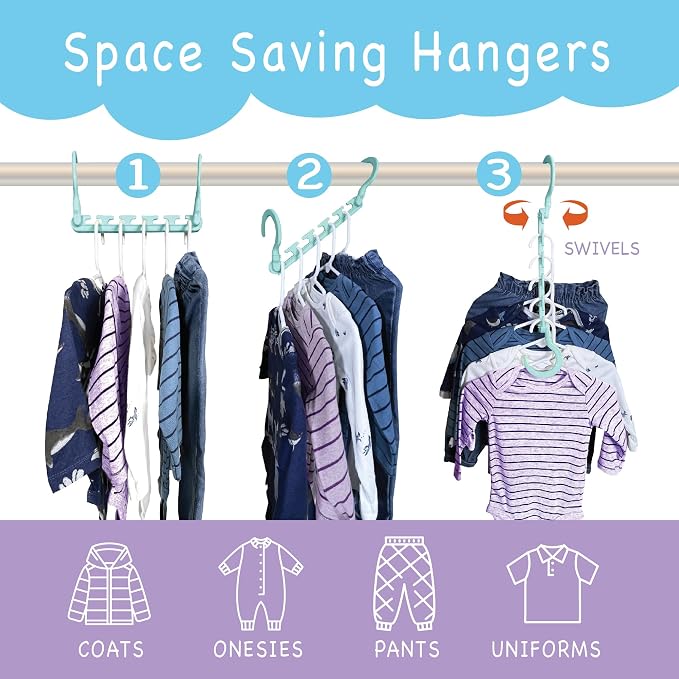 Max Space Saving Hangers, 10-Pack, 360° Hooks, Pastel Blue | Assembled cascading hangers with reinforced 360° swivel hooks maximize closet space for teens, kids and college dorms. - Image 2