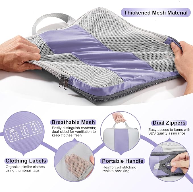 OlarHike 8 Set Compression Packing Cubes for Travel Essentials,Compressible Expandable Space Saver Bags for Organizing Clothes,Luggage Suitcase Garment Bags with Over 1000 pcs Mesh Holes(Purple Gray) - Image 7