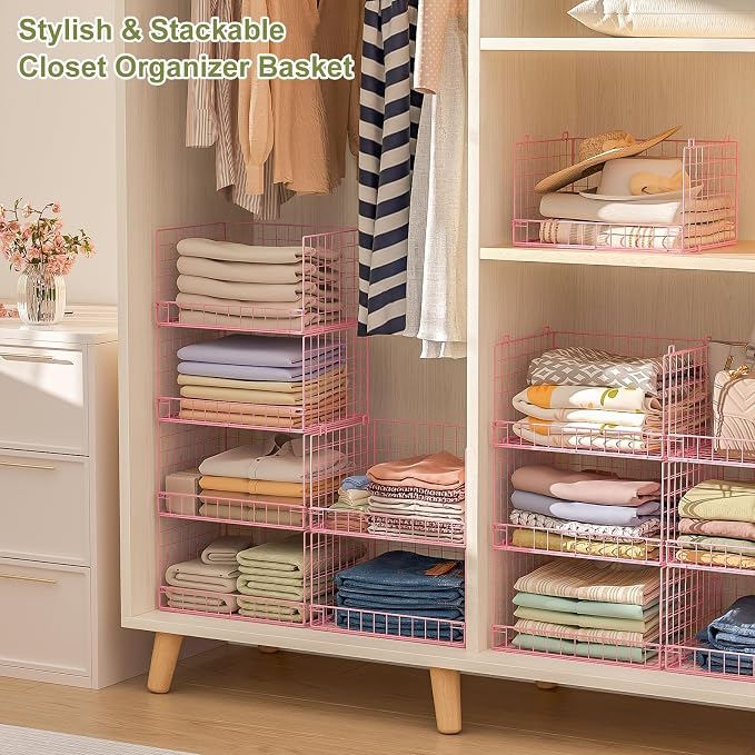 4-Tier Closet Organizers and Storage, Stackable Closet Organizer Basket, Foldable Closet Shelf Organizer Basket, Stackable Storage Bins and Organizer Shelves for Home Closet Organizer System, Pink - Image 2
