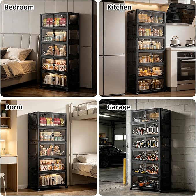 5-Tier Foldable Storage Cabinet with Wheels & Lid, 242QT Large Stackable Organizer, No Tool Required, Storage Cabinet for Garage, Home Office, Pantry, Kitchen, Dorm - Image 7