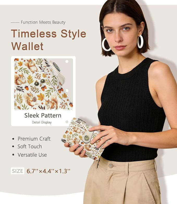 Squirrel Wallet Women RFID Cute Passport Holder Credit Card Holder | 6.7" x 4.4" x 1.3" Bifold, Travel billfold, Zipper Pocket, PU Leather, Clutch, Purse, ID Window, Pen Holder, Gift Ladies Girl - Image 2