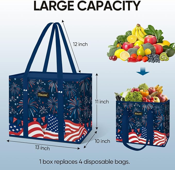 BALEINE 3PK Reusable Grocery Bags, Heavy Duty Shopping Tote Bag | 12'' Long Handles, Reinforced Bottom Keeps Upright, Fold Flat Storage, Water-Resistant Shopping Bag, Multiple Color Options - Image 3
