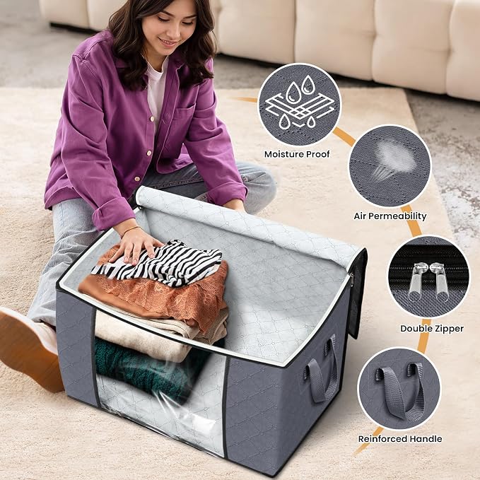 90L Clothes Storage, Foldable Thick Fabric Blanket Storage Bags | Foldable Containers with Zippers,Window and Handles for Organizing Bedroom, Closet, Comforter, Bedding,Dorm essentials - Image 4