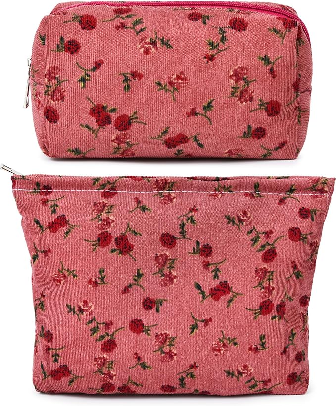 SOIDRAM 2 Pieces Rose Makeup Bag Large Cosmetic Bag Capacity Canvas Mix Travel Toiletry Bag Organizer Cute Makeup Brushes Aesthetic Accessories Storage Bag for Women, Rose Mix Green Red by SOIDRAM