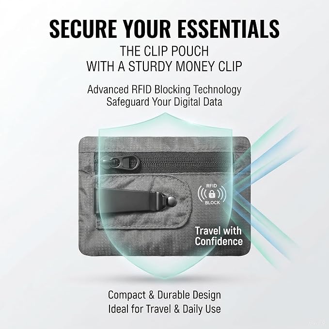 KOSMCCO RFID Blocking Clip Stash Pocket Travel Belt Wallet, Grey, Medium | Compact Hidden Design, For Cards & Cash, Slim Pickpocket-Proof, Everyday Carry - Image 3