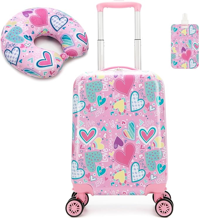 Kid's Luggage Set 16inch 2 Piece Suitcase Set Hardside Luggage with Spinner Wheels Girls Carry on Toddler Travel Rolling Suitcase with Neck Pillow Airline Approved by Unknown