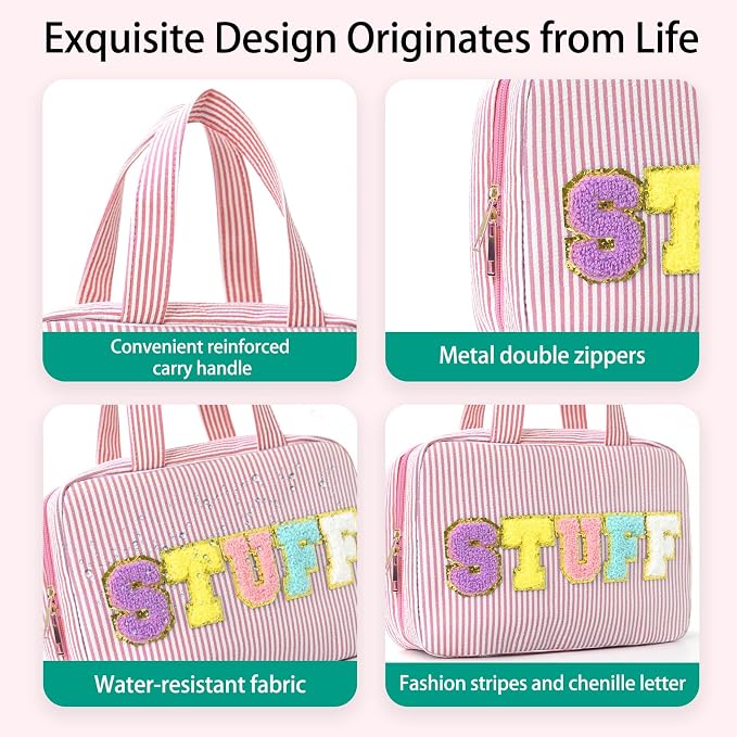 Travel Toiletry Bag for Women Chenille Letter Cosmetic Bag Fashion Stripes Water-resistant Makeup Bag with Hanging Hook for Store Toiletries Cosmetic Accessories Medium Pink - Image 2