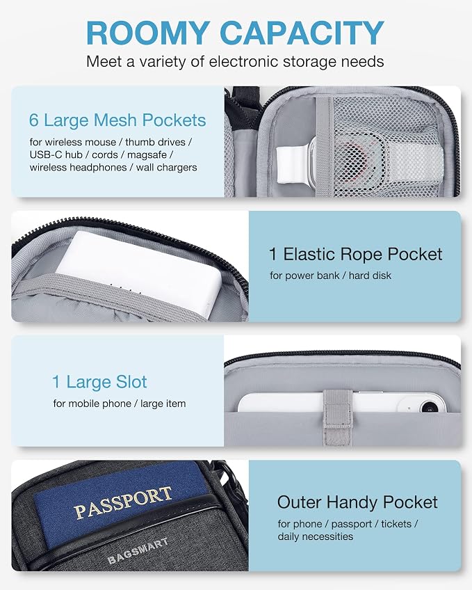 BAGSMART Electronics Travel Organizer for Cords Chargers Phones, Black | Double Layer, Travel Essentials, Tech Organizer Pouch, Cord organizer bag for Cables, Compact Travel Accessories - Image 4