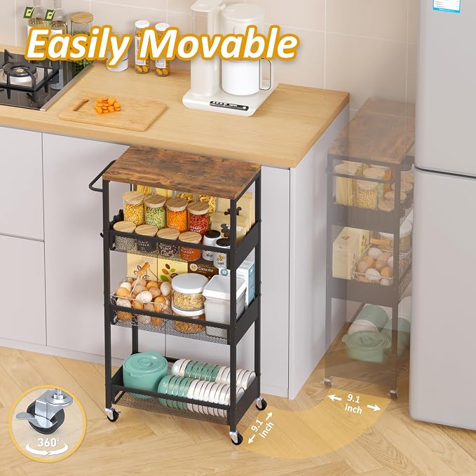 Vincona 9.1" Wide Slim Rolling Utility Cart, 4 Tier Metal Narrow Storage Cart with Handle and Wood Top, Multifunctional Small Mobile Shelf Unit Organizer Trolley for Laundry, Bathroom, Kitchen - Image 3