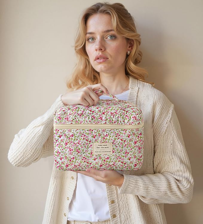 HBselect Quilted Makeup Bag, 3Pcs Cotton Large Travel Makeup Bags Organizer | Cute Floral Make up Bag Cosmetic Bag Toiletry Bag for Women Girls, Makeup Pouch for Skincare, Brushes & Travel Essentials - Image 7
