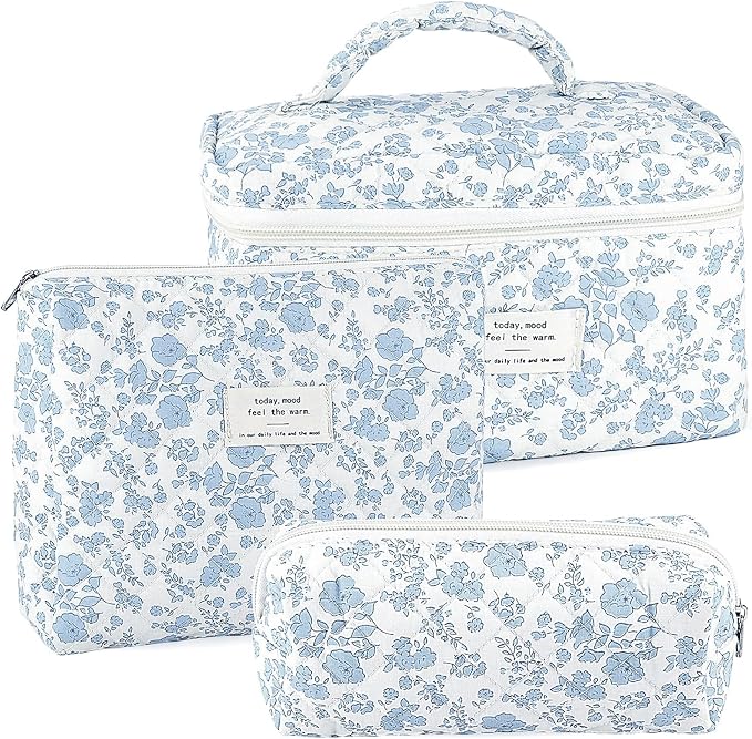 URSKYTOUS 3Pcs Makeup Bag Quilted Cosmetic Bag Set Bow Travel Large Makeup Pouch for Women Cute Portable Cotton Toiletry Bag Skincare Organizer Coquette Vintage Travel Essential by URSKYTOUS