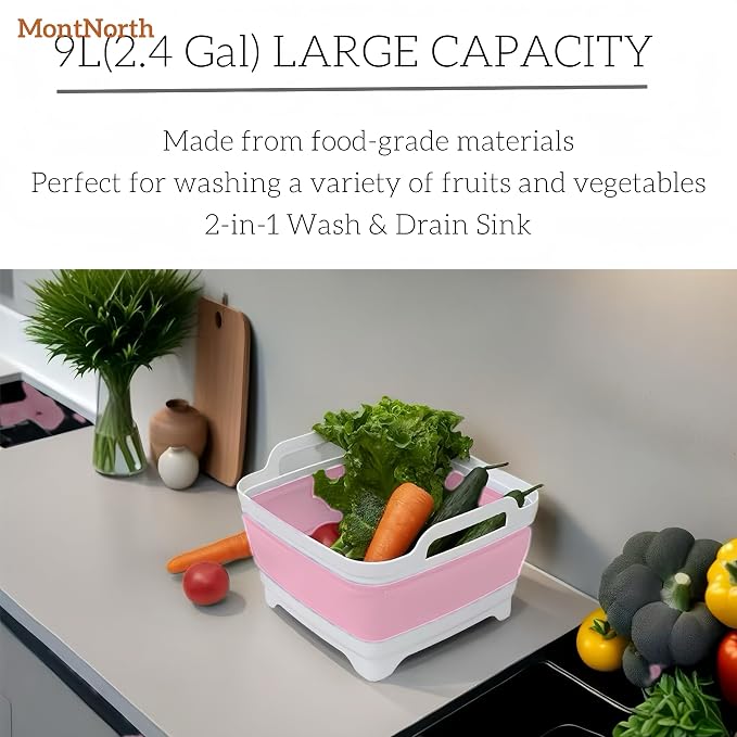 Collapsible Wash Basin 9L, Foldable Dish Tub with Drain Plug, Portable Collapsible Dish Basin, Camping Sink for Washing Dishes, Laundry & Kitchen Use (Pink) - Image 7