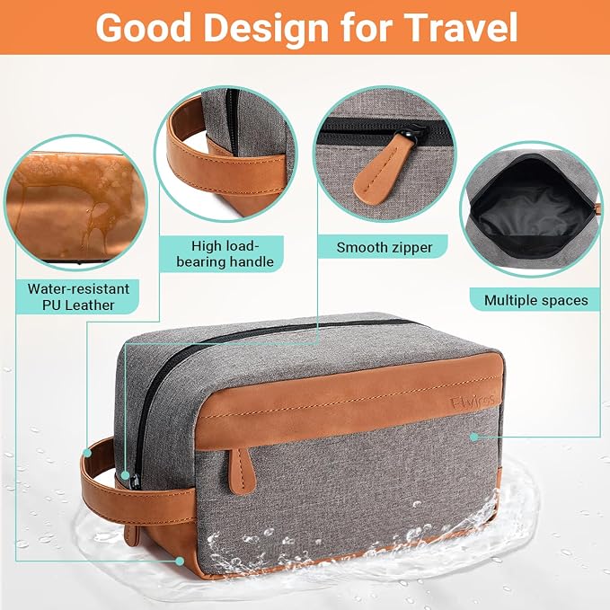 Elviros Travel Toiletry Bag for Men Hanging Dopp Kit Water Repellent PU Leather Shaving Bag with Large Capacity for Travel and Bathroom, Grey - Image 4