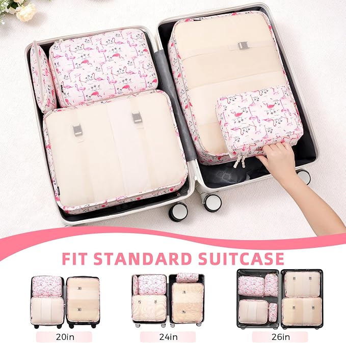 BAGAIL 8 Set Packing Cubes Luggage Packing Organizers for Travel Accessories-Pink Flamingo - Image 5