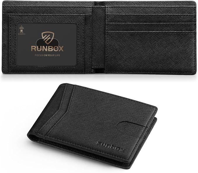RUNBOX Wallet for Men Slim Leather Bifold RFID Blocking Minimalist Front Pocket Design with Gift Box | Minimalist Front Pocket Design, Holds 8 Cards, RFID Protection, Gifts for Men on Birthdays, Father’s Day, and Christmas by RUNBOX