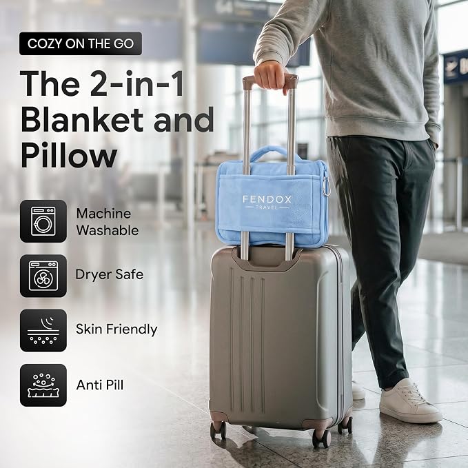 2-in-1 Travel Blanket and Pillow – Lightweight, Compact, Ultra Soft, Machine Washable – Handle, Luggage Sleeve, Backpack Clip – for Travel Airplane, Car, Office (Light blue) - Image 2