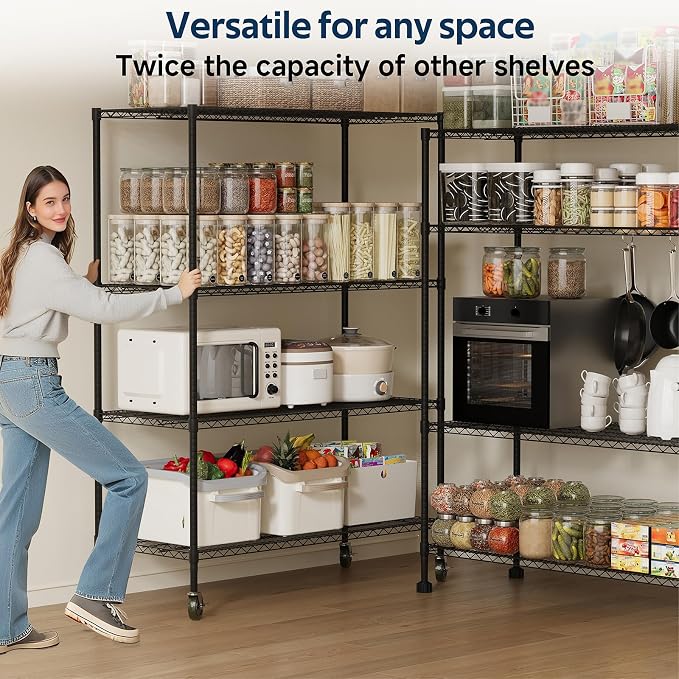 Whitmor 4 Tier Storage Shelves with Wheels, Heavy Duty Metal Shelving Unit, 625 lbs Capacity per Shelf, 2500 lbs Total for Kitchen, Garage, Plant, 55" L x 24" W x 72" H, Black - Image 7