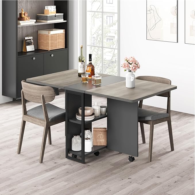 IDEALHOUSE FoldingTable, Drop Leaf Dining Table with 6 Wheels and 2-Layer Storage Shelf, Space Saving Table for Small Spaces (Slate Oak, 50.1" D x 31.4" W x 29.5" H) - Image 4