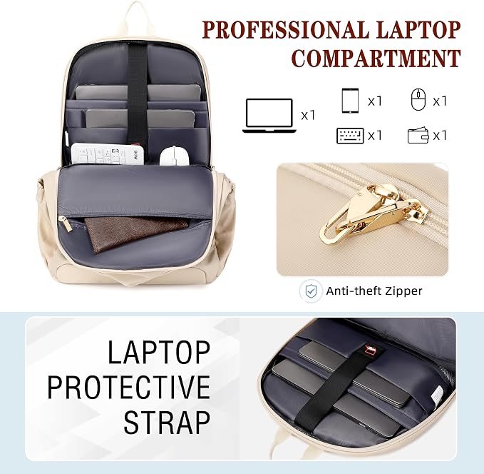Hidds Travel Laptop Backpack for Women 15.6 Inch Computer Backpacks with USB Charging Hole Anti Theft Carry on Bag College Bookbag Large Back Pack for Work Business Travel Commuter Daypack-Champagne - Image 3