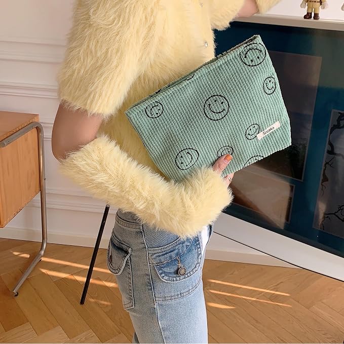 Cosmetic Bags for Women - Corduroy Cosmetic Bag Aesthetic Women Handbags Purses Smile Dots Makeup Organizer Storage Makeup Bag Girls Case Bags (A-Green) - Image 5